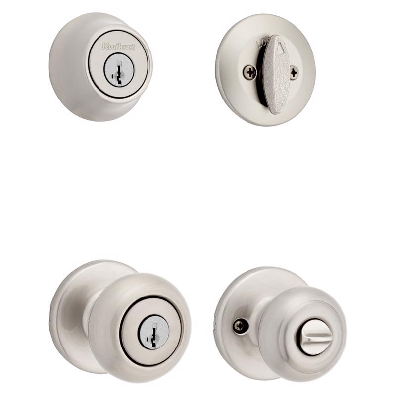 Kwikset Cove SmartKey Security Traditional Satin Nickel Deadbolt and Entry Door Knob KW1 1-3/4 in.