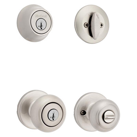 Kwikset Cove SmartKey Security Traditional Satin Nickel Deadbolt and Entry Door Knob KW1 1-3/4 in.