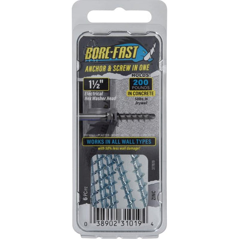 HILLMAN Bore-Fast 1/4 in. D X 1-1/2 in. L Steel Hex Head Screw and Anchor 6 pk