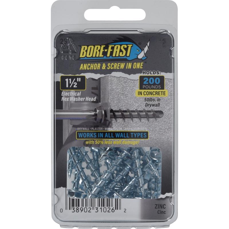 HILLMAN Bore-Fast 1/4 in. D X 1-1/2 in. L Steel Hex Head Screw and Anchor 25 pk