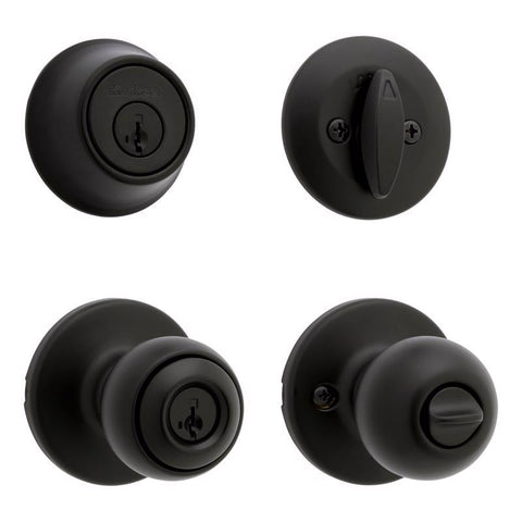 Kwikset Polo Traditional Matte Black Deadbolt and Entry Door Knob 1-3/4 in.