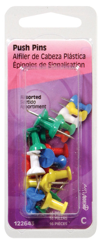 HILLMAN Assorted Push Pins 16 pk (Pack of 6)