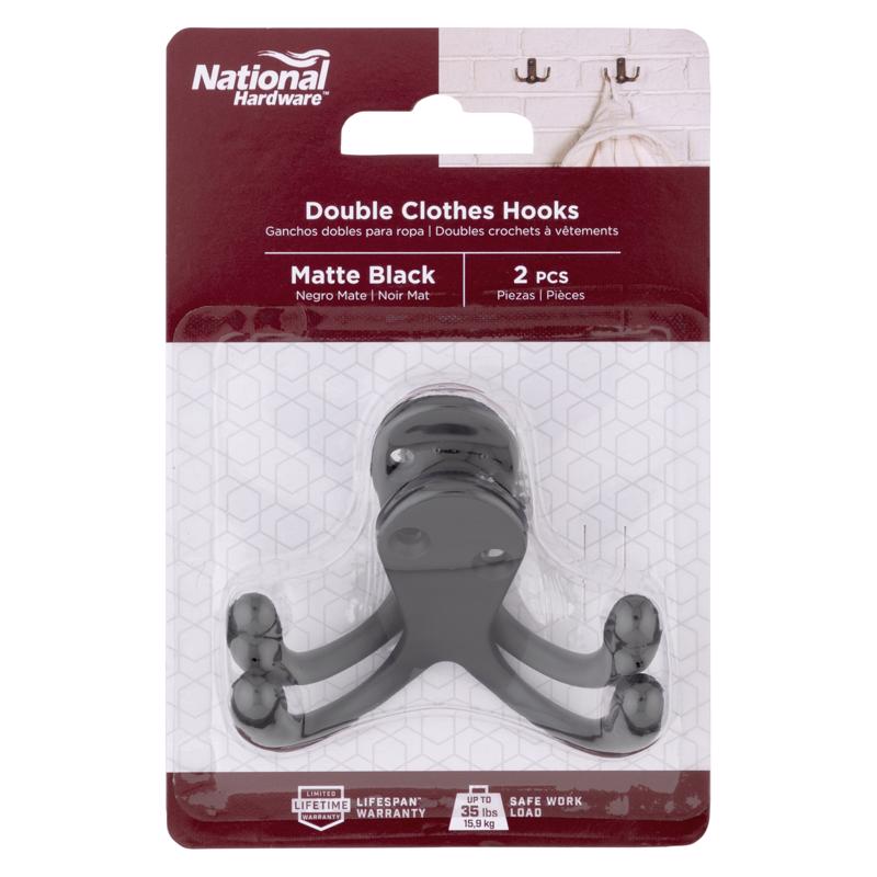 National Hardware Medium Matte Black Metal 2.88 in. L Double Hook 35 lb 2 pk (Pack of 5)