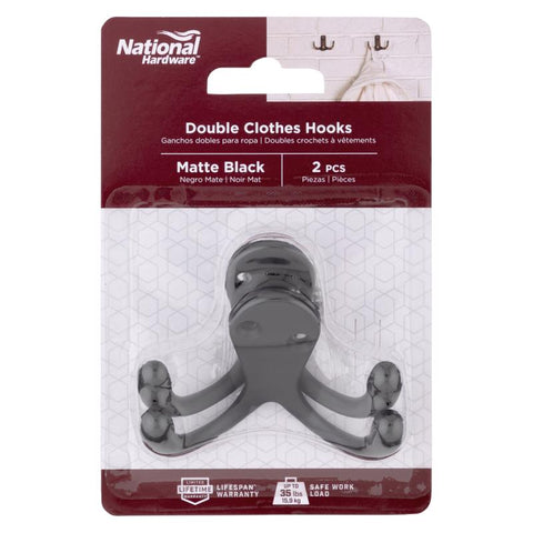 National Hardware Medium Matte Black Metal 2.88 in. L Double Hook 35 lb 2 pk (Pack of 5)