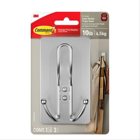 3M Satin Nickel Plastic Triple Hook 1 pk