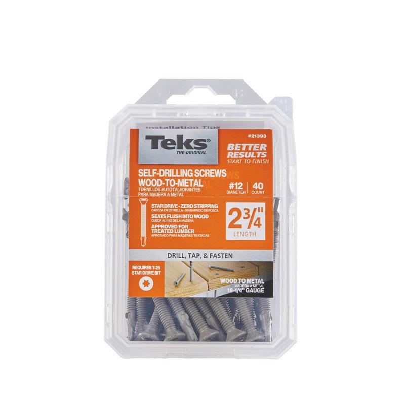 Tornillos autoperforantes Teks No. 12 X 2.75 pulg. L con cabeza hexagonal con arandela y alas, paquete de 40
