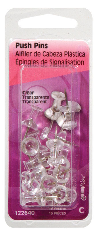 HILLMAN Anchor Wire Clear Push Pins 16 pc (Pack of 6)