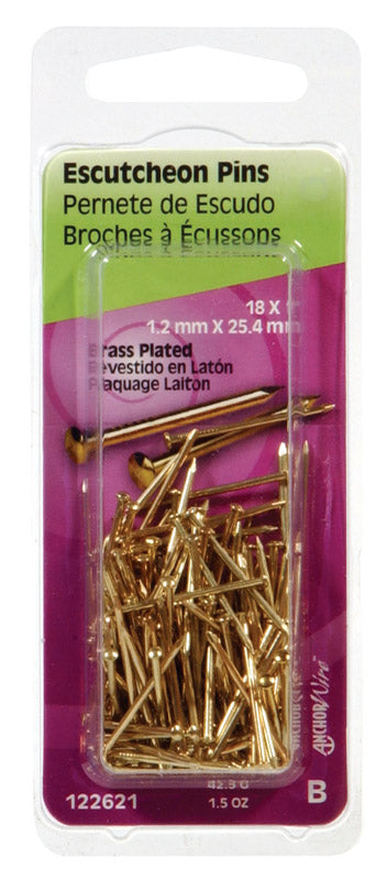 HILLMAN Anchor Wire 18 Ga. X 1 in. L Brass-Plated Steel Escutcheon Pins 1 pk 1.5 oz (Pack of 6)