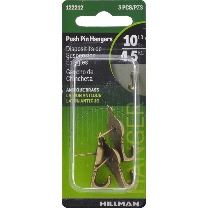 HILLMAN Antique Brass Gold Push Pin Picture Hanger 10 lb 3 pc (Pack of 10)
