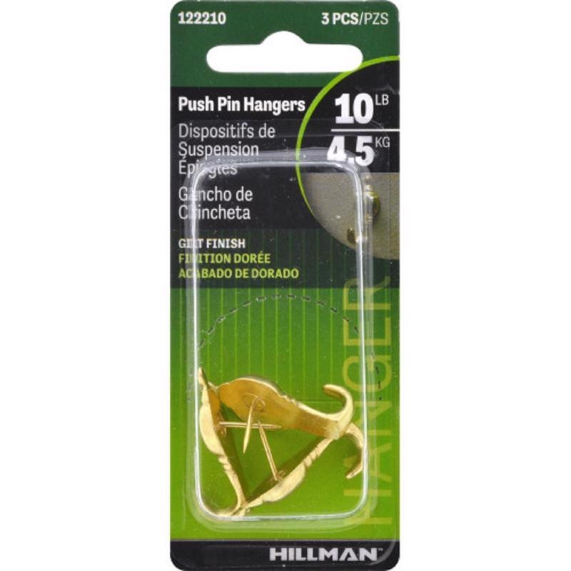 HILLMAN Gilt Gold Push Pin Picture Hook 10 lb 3 pc (Pack of 10)