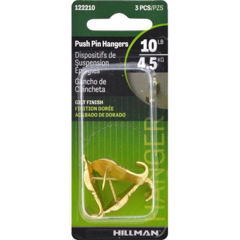 HILLMAN Gilt Gold Push Pin Picture Hook 10 lb 3 pc (Pack of 10)