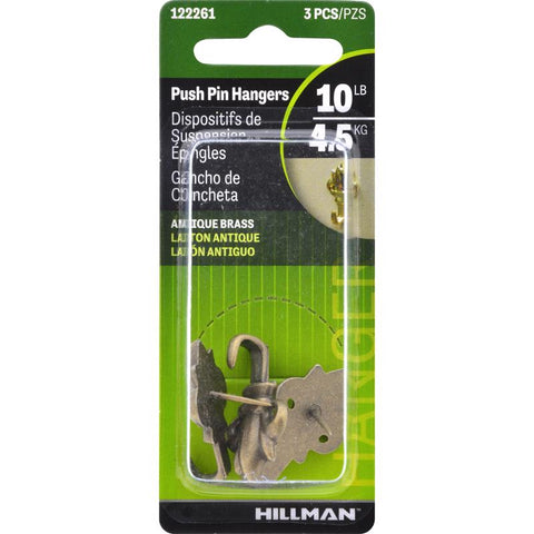 HILLMAN Antique Brass Push Pin Picture Hanger 10 lb 1 pk (Pack of 10)