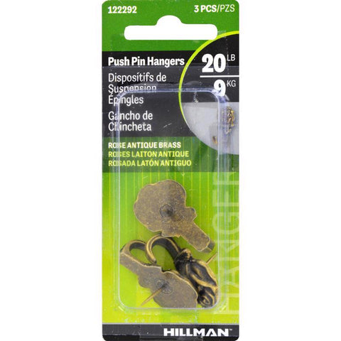 HILLMAN Antique Brass Gold Push Pin Picture Hook 20 lb 1 pk (Pack of 10)