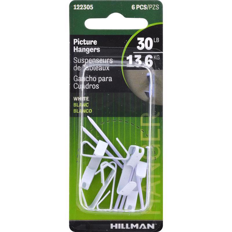 HILLMAN Steel-Plated White Conventional Picture Hanger 30 lb 6 pk (Pack of 10)