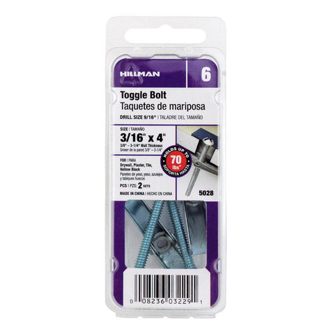 HILLMAN 3/16 in. D X 4 in. L Round Zinc-Plated Steel Toggle Bolt 2 pk (Pack of 6)