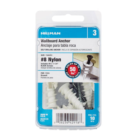HILLMAN .164 in. D X 1.025 in. L Nylon Flat Head Wallboard Anchors 10 pc (Pack of 5)