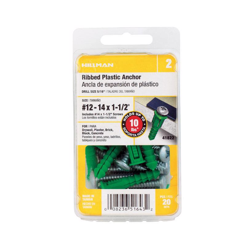 HILLMAN 1/4 in. D X 1-1/2 in. L Plastic Ribbed Head Ribbed Anchor 20 pc (Pack of 5)