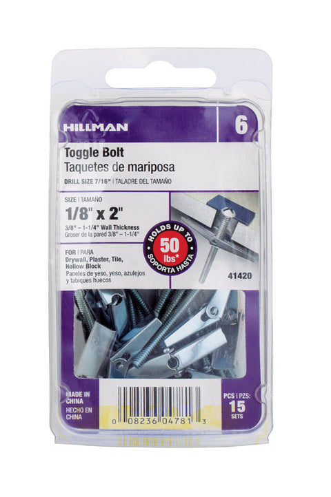 HILLMAN 1/8 in. D X 2 in. L Round Zinc-Plated Steel Toggle Bolt 15 pk (Pack of 5)