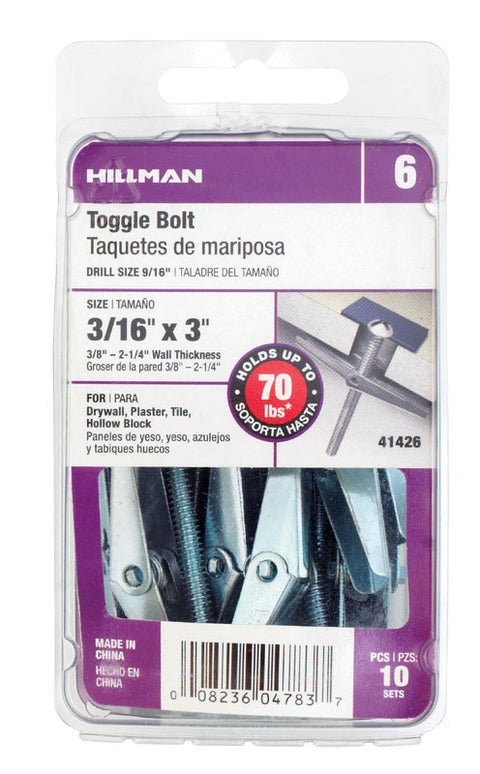HILLMAN 3/16 in. D X 3 in. L Round Zinc-Plated Steel Toggle Bolt 10 pk (Pack of 5)