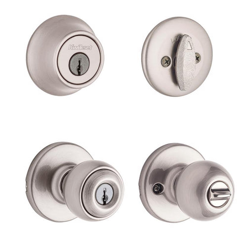 Kwikset Polo Traditional Satin Nickel Deadbolt and Entry Door Knob 1-3/4 in.