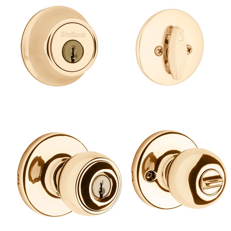 Kwikset Polo Traditional Polished Brass Deadbolt and Entry Door Knob 1-3/4 in.