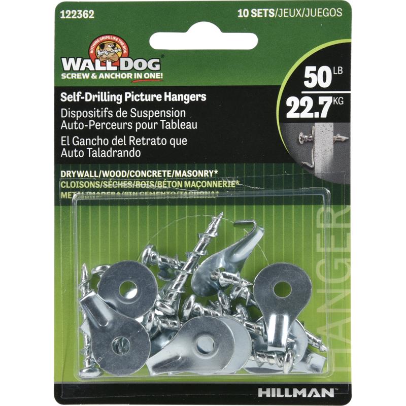 HILLMAN Wall Dog Chrome Silver Self-Drilling Picture Hanger 50 lb 10 pk (Pack of 10)