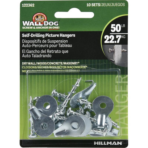 HILLMAN Wall Dog Chrome Gold Self-Drilling Picture Hanger 50 lb 10 pk (Pack of 10)