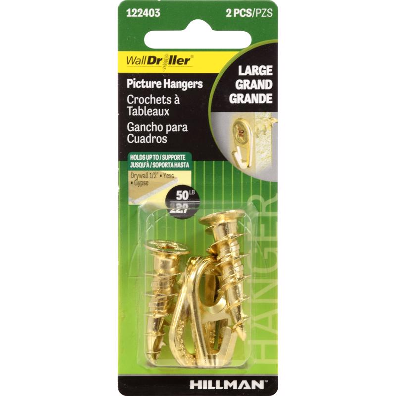 HILLMAN Brass-Plated Gold Self-Drilling Picture Hanger 50 lb 2 pk (Pack of 10)