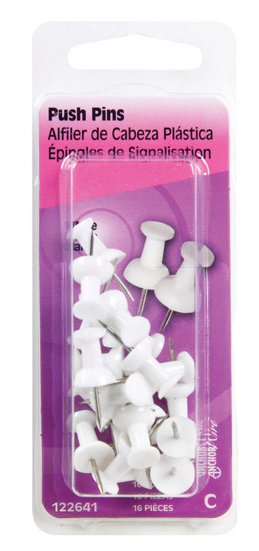 HILLMAN White Push Pins 16 pc (Pack of 6)