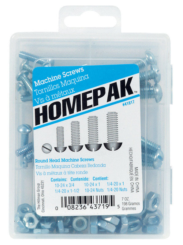 HILLMAN Homepak Assorted in. X 1 in. L Slotted Round Head Zinc-Plated Steel Machine Screws and Nuts (Pack of 5)