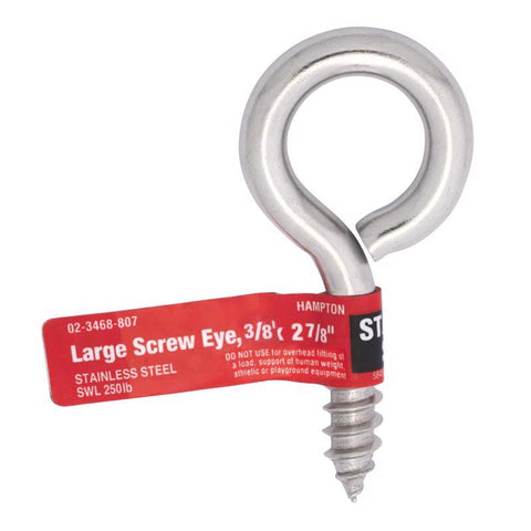 Ojo de tornillo Hampton de acero inoxidable pulido, 3/8 pulg. de diámetro x 2-7/8 pulg. de largo, capacidad de 250 lb, 1 ud. (Paquete de 10)