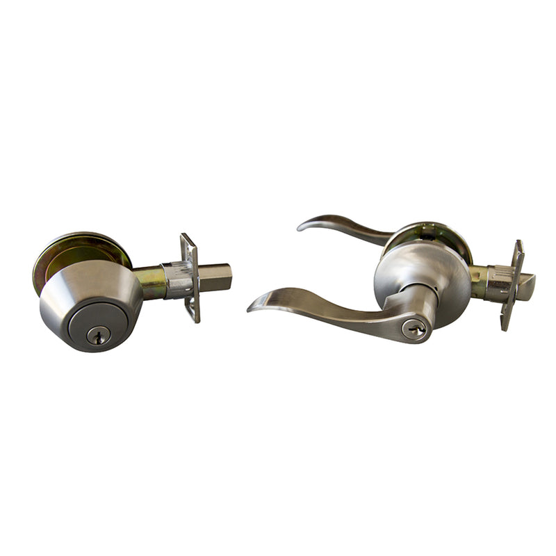 Design House Stratford Wave Satin Nickel Entry Lever and Deadbolt Set KW1 1-3/4 in.
