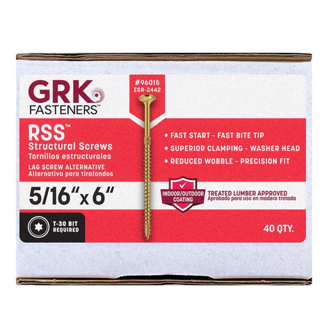 Tornillos estructurales GRK Fasteners de cabeza hexagonal estrellada y ranura en W, de 5/16 pulg. x 6 pulg. de largo (paquete de 40)