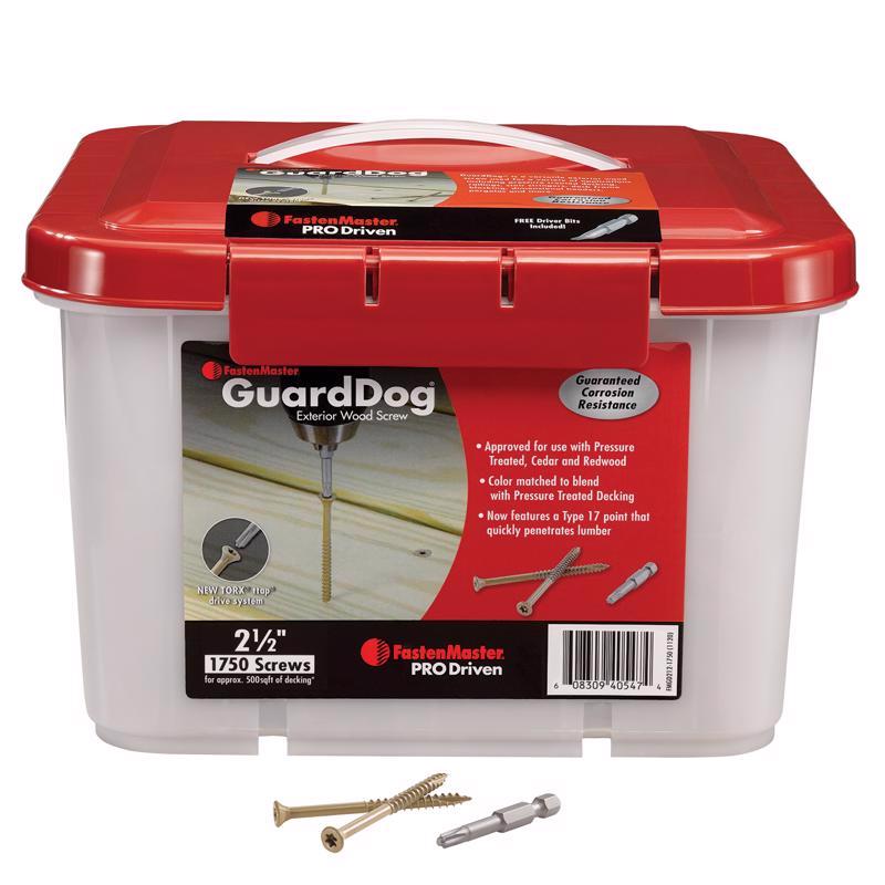 Tornillos para cubierta FastenMaster GuardDog n.º 10 x 2-1/2 pulg. de largo, cabeza de cuña Torx dorada, 1750 pzas.