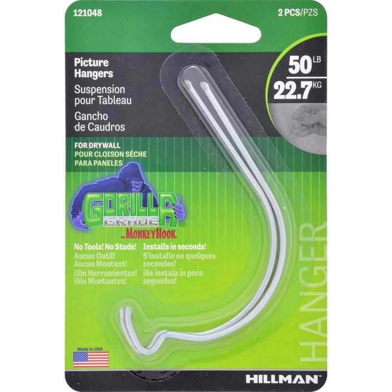 HILLMAN Ganchos Gorilla Plateador para cuadros 50 lb paquete de 2