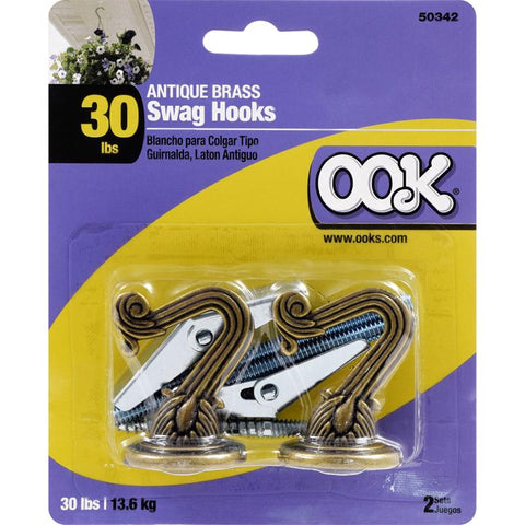 HILLMAN OOK Medium Antique Brass Gold Steel 1-1/2 in. L Swag Hook 30 lb 2 pk