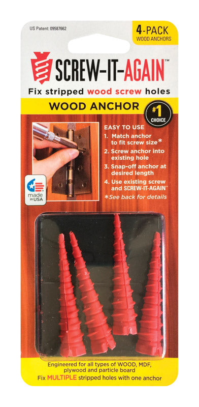 Ancla para madera con cabeza hexagonal de polipropileno SCREW-IT-AGAIN, 1/4 pulg. de diámetro x 1 pulg. de largo, paquete de 4