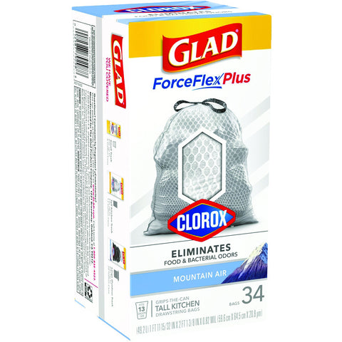 Glad Force Flex Plus 13 gal Mountain Air Tall Kitchen Bags Drawstring 34 pk (Pack of 6)