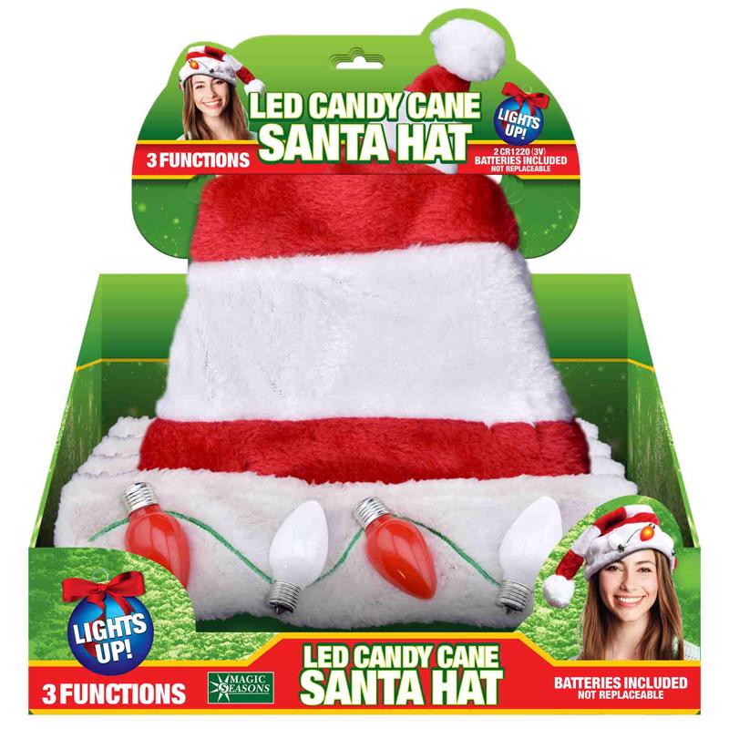 Magic Seasons Candy Cane Santa LED Hat Plush 1 pk (Pack of 12)