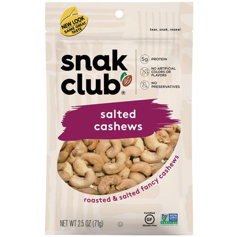 Snak Club Salted Cashews 2.5 oz Bagged (Pack of 6)