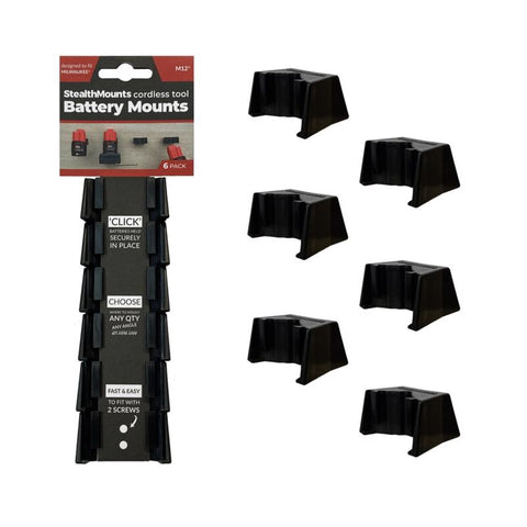 Soportes de batería StealthMounts compatibles con Milwaukee M12; portabaterías de ABS negro, paquete de 6