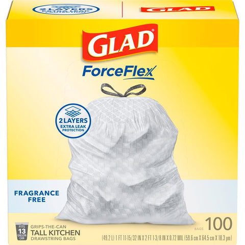 Glad Force Flex 13 gal No Scent Kitchen Trash Bags Drawstring 100 pk (Pack of 4)