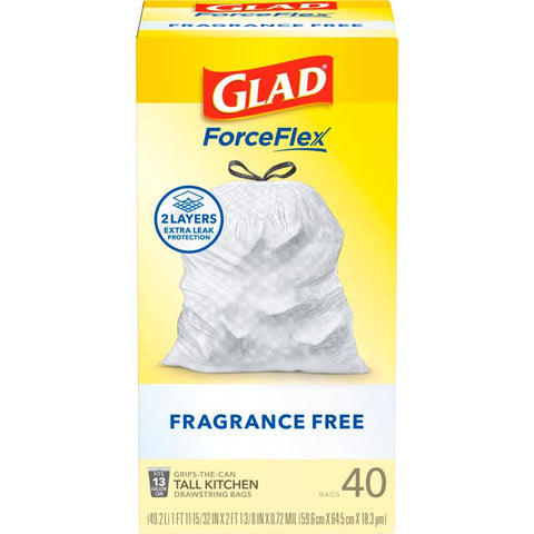 Glad Force Flex 13 gal No Scent Kitchen Trash Bags Drawstring 40 pk (Pack of 6)