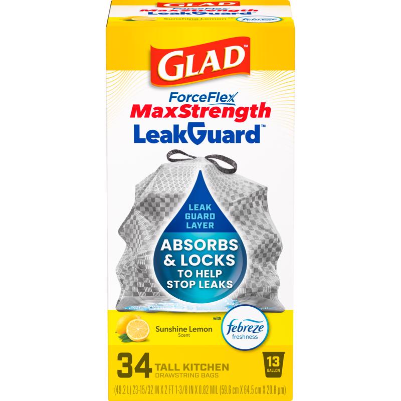 Glad LeakGuard 13 gal Lemon Kitchen Trash Bags Drawstring 34 pk (Pack of 6)