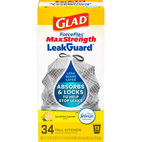 Glad LeakGuard 13 gal Lemon Kitchen Trash Bags Drawstring 34 pk (Pack of 6)