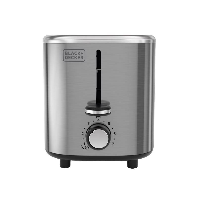 Tostadora Black+Decker de acero inoxidable plateado con 2 ranuras, 8.03 pulg. de alto x 7.2 pulg. de ancho x 11.88 pulg. de profundidad