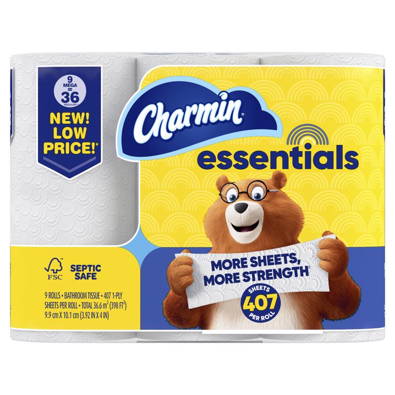 Papel higiénico Charmin Essentials, 9 rollos de 407 hojas (paquete de 4)