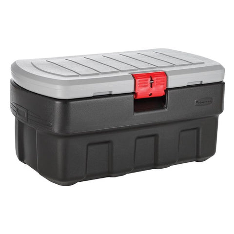 Contenedor de almacenamiento Rubbermaid ActionPacker de 35 gal. negro/gris, 17.25 pulg. de alto x 32.25 pulg. de ancho x 20 pulg. de profundidad, apilable