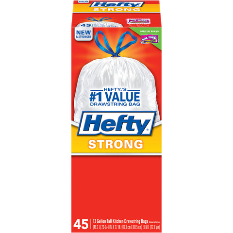 Hefty Strong 13 gal No Scent Kitchen Trash Bags Drawstring 45 pk (Pack of 6)