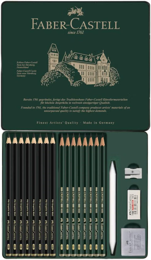 Faber-Castell Graphite Pencil Set, Pitt Matte & Castell 9000, 16 Pencils, 8 Each, Metal Tin, Drawing, Sketching & Shading Set